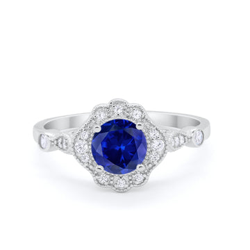 Halo Vintage Style Engagement Ring Simulated Blue Sapphire CZ 925 Sterling Silver